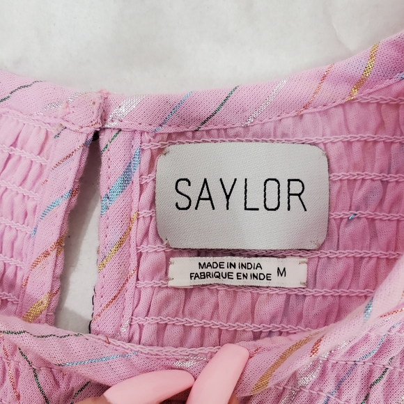 Saylor Zinnia Stripe Mini Dress Size M Smocked Pink Metallic Swiftie Dress - Picture 9 of 12